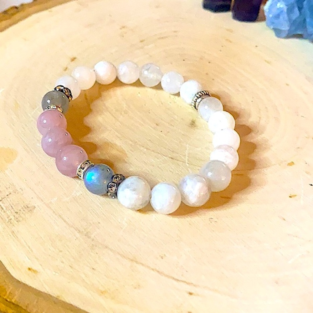 Madagascar Rose Quartz, Labradorite, Moonstone Beaded Bracelet